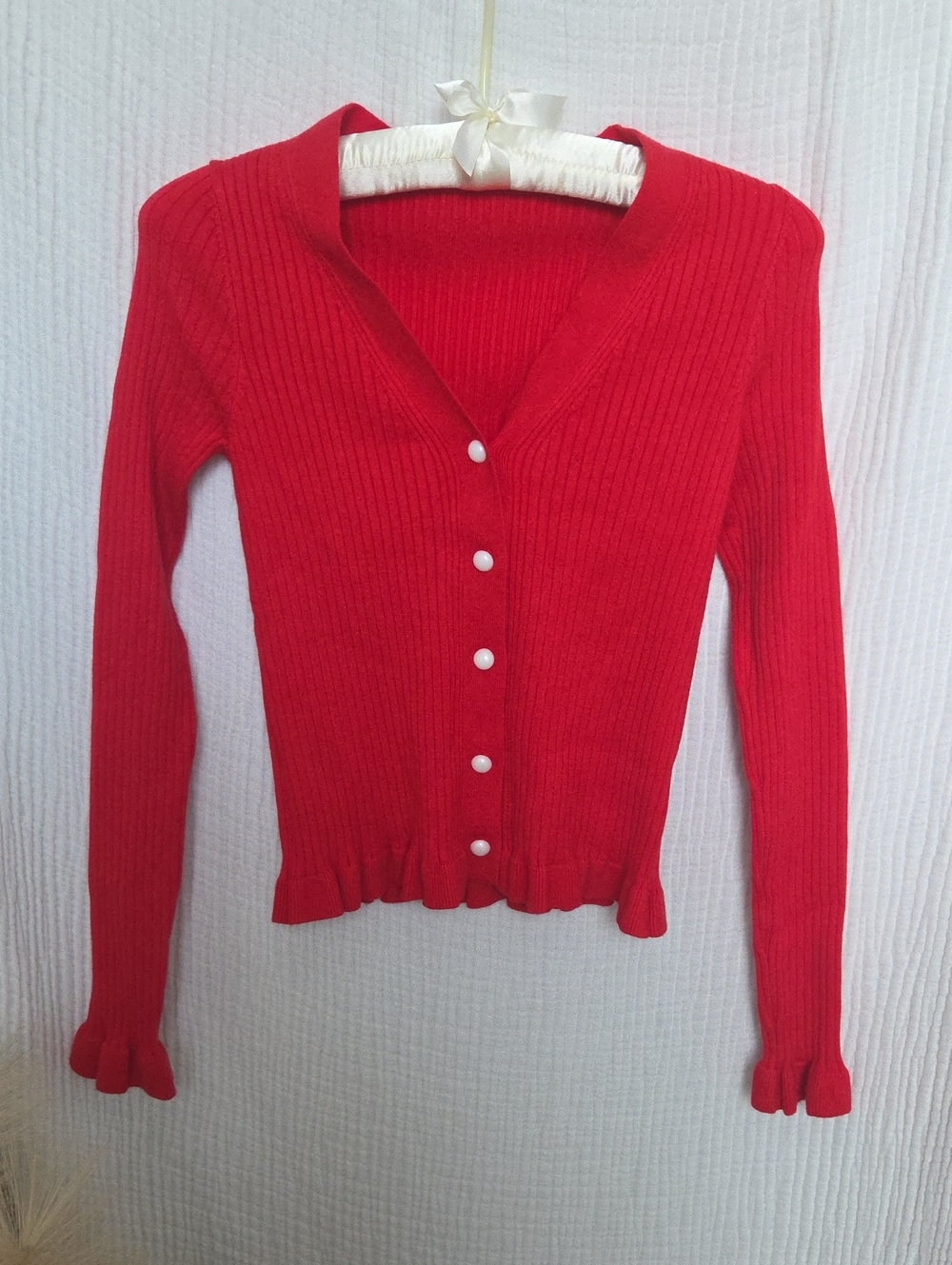Red Women's Ribbed Button-Up Sweater Cardigan